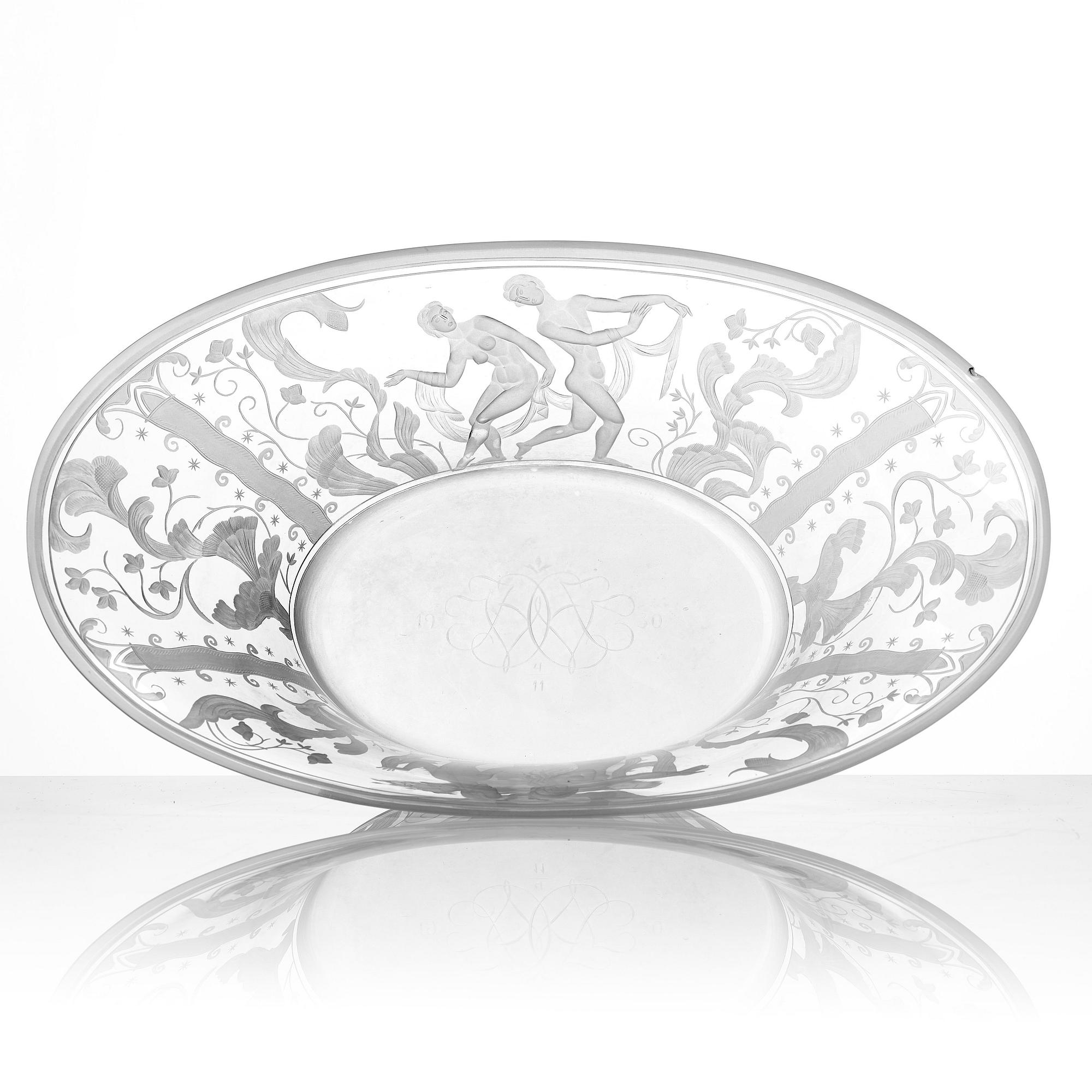 Simon Gate, a Swedish Grace engraved glass bowl with stand, Orrefors 1930, model 147, engraved by Karl Rössler.