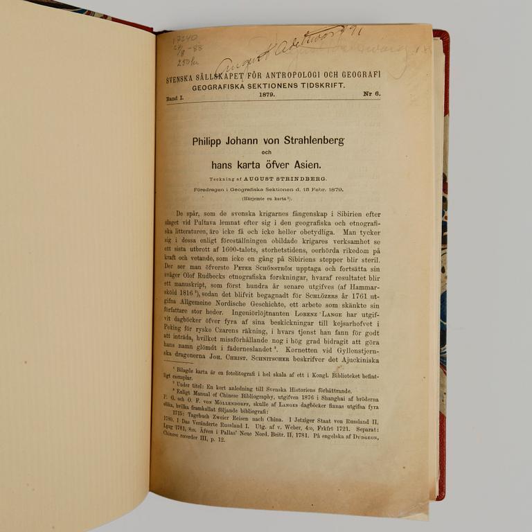 BÖCKER, 2 exemplar, "Philipp Johann von Strahlenberg och hans karta öfver Asien", August Strindberg, Stockholm 1879.
