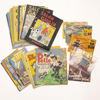 Collection of comic books, including "Salon Gahlin", "Pelle Svanslös" and "Elitserien", 1930s–1990s.