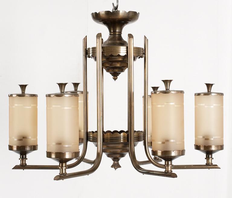 A Swedish six light brass ceiling lamp, 1930's.