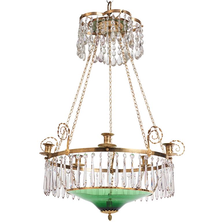 A late Gustavian gilt-brass and green glass six-light chandelier, late 18th century.