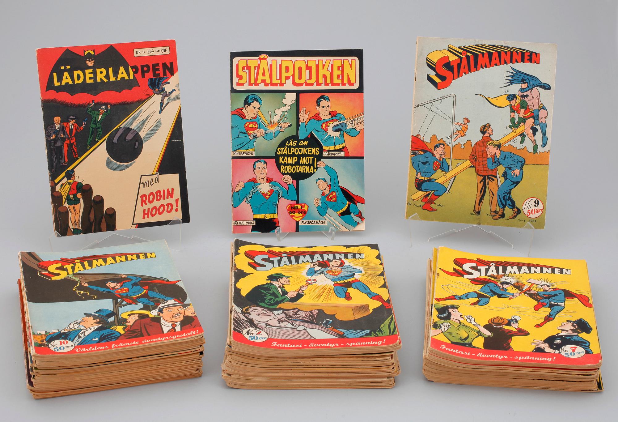 PARTI STÅLMANNEN OCH LÄDERLAPPEN SAMT STÅLPOJKEN, 74st, serietidningar, 1950-tal.