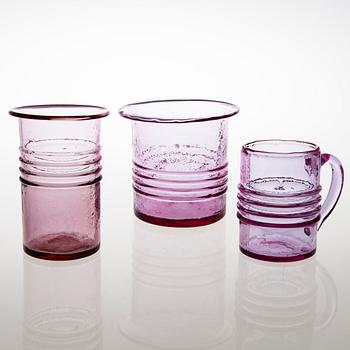 TAMARA ALADIN, A glass vase, a pot and beer mug, "Rengas' series, Riihimäen Lasi. Design year 1965.