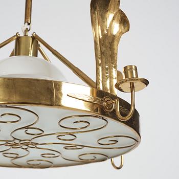 Lars Holmström, a Swedish Grace brass ceiling chandelier, Arvika Sweden 1920s-1930s.