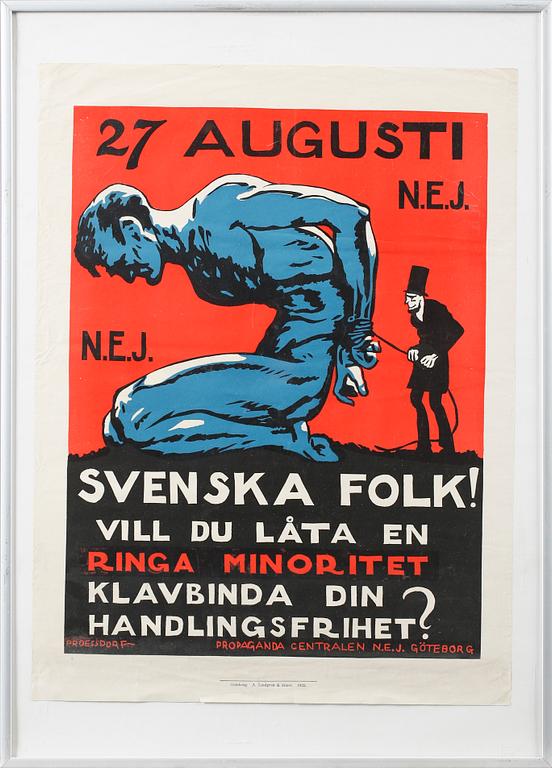 Seven posters from Propaganda centralen N.E.J, Gothenburg, printed at A Lindgren & Sons in 1922.