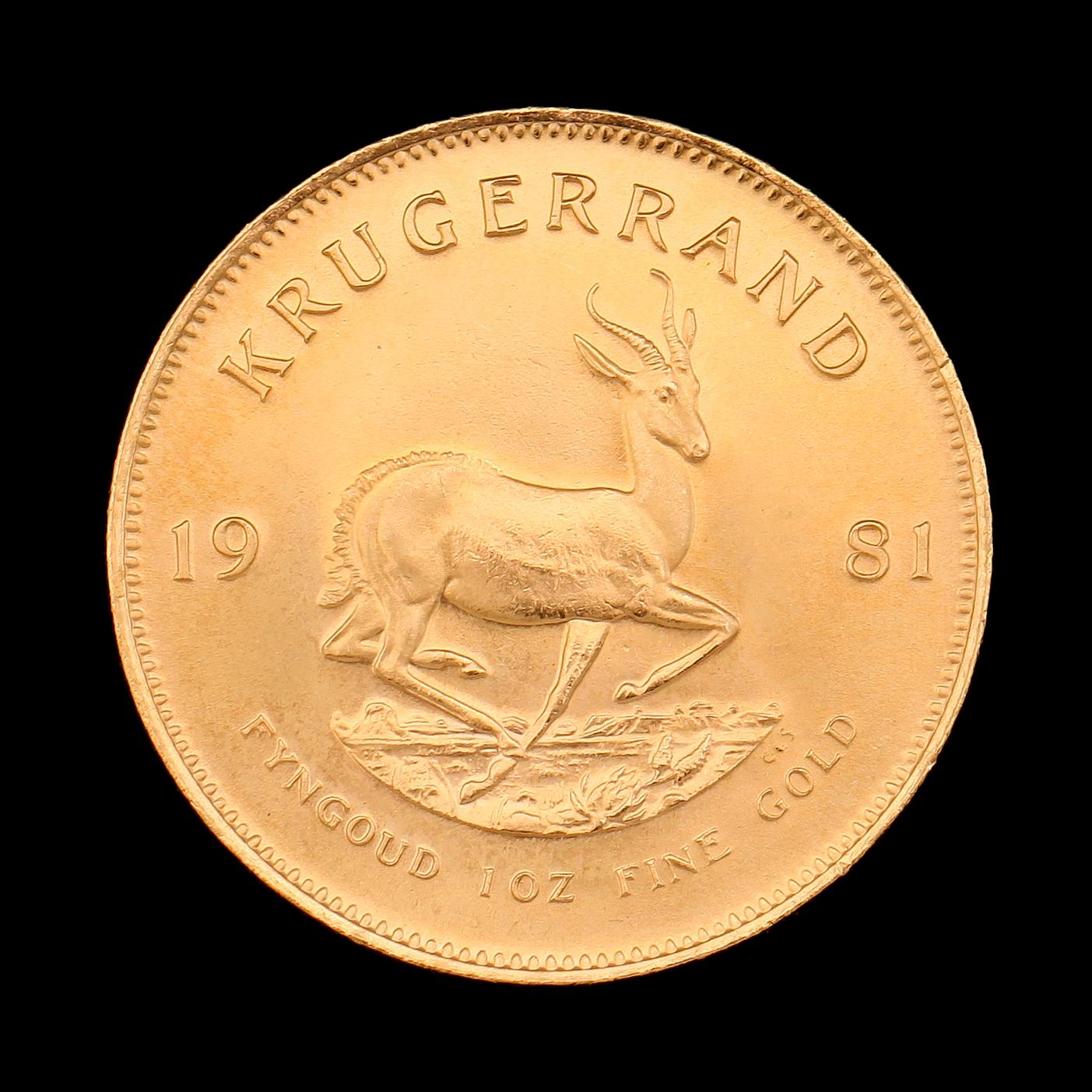 GULDMYNT, finguld, Krugerrand, Sydafrika, 1981. Vikt ca 34 g.