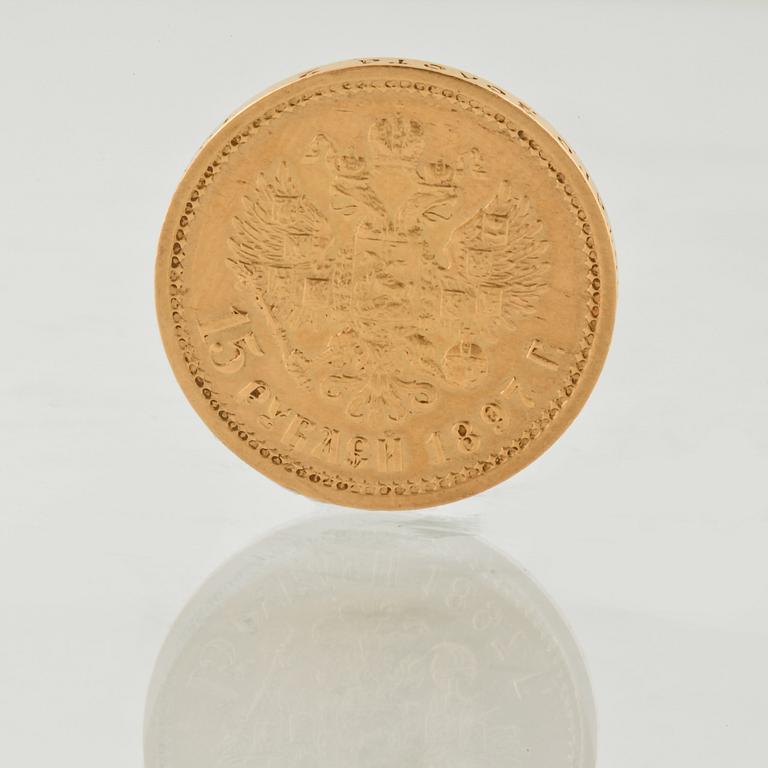 MYNT, guld, 15 Rubel, Nikolaj II, Ryssland, daterat 1897, vikt 12 gram.