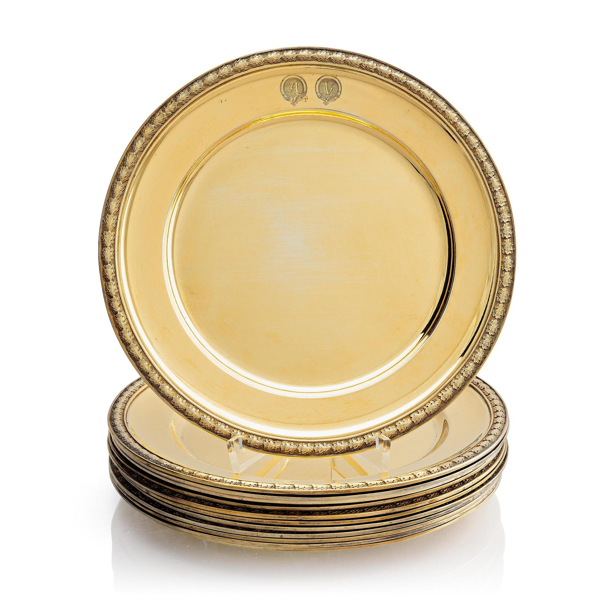Twelve silver-gilt plates, mark of company C.G. Hallberg, Stockholm 1913-1917.