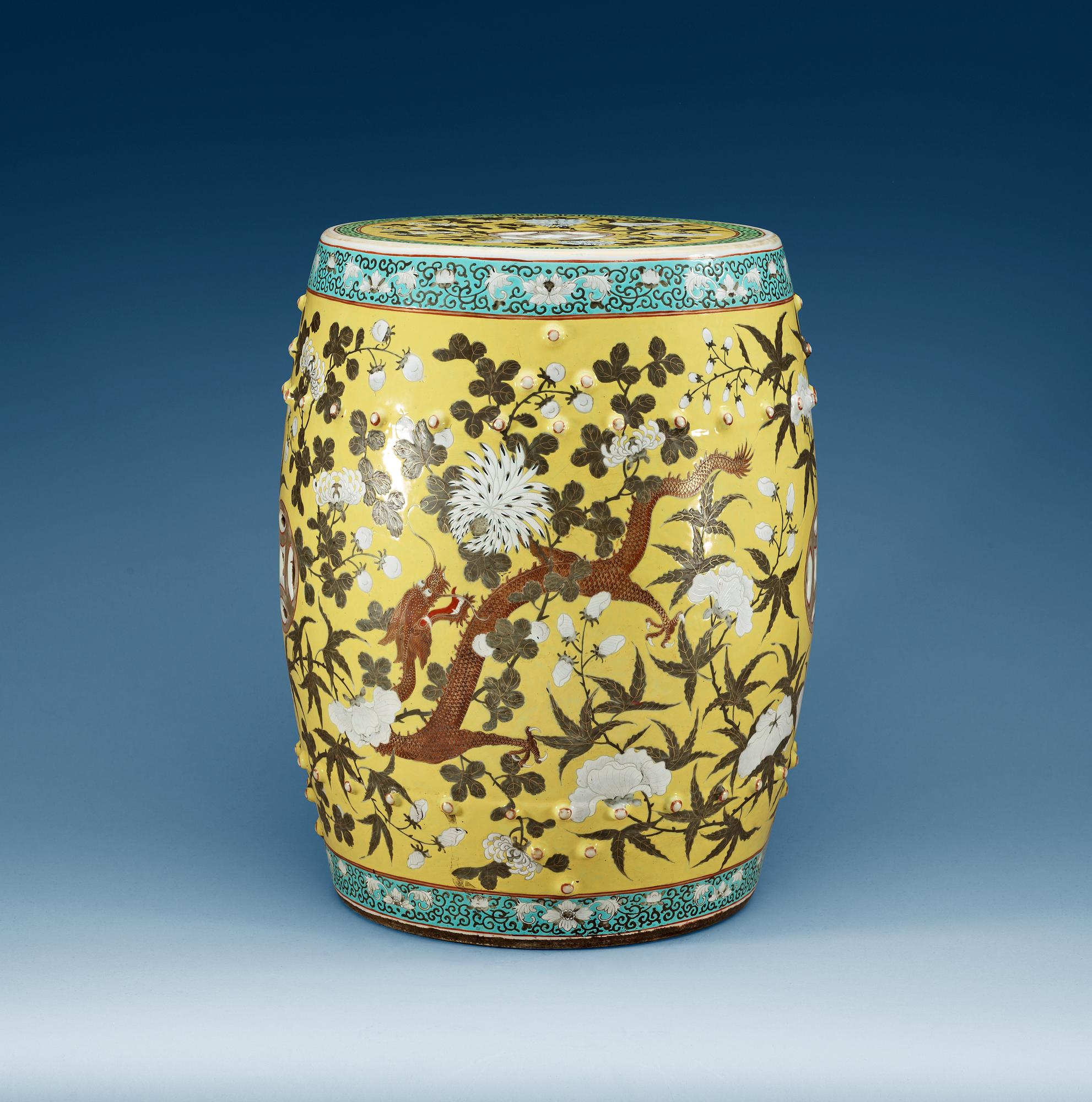 A yellow ground garden seat, late Qing dynasty.
