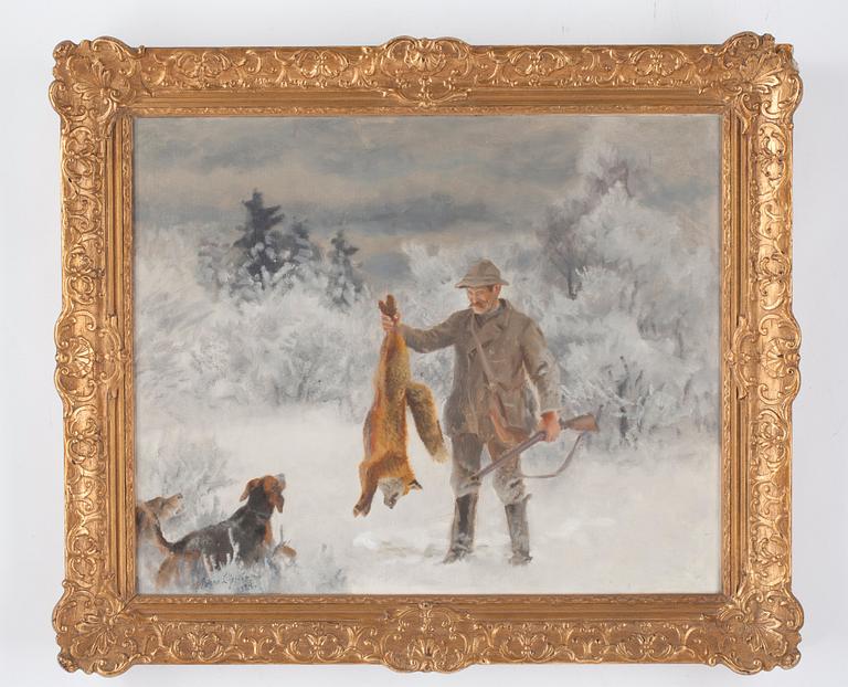 Bruno Liljefors, Hunter with hounds and fox.
