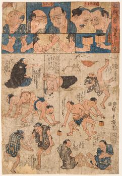 HIROSHIGE UTAGAWA (1797-1858), color woodblock print. Japan, 1874. 'Training movements for sumo wrestlers'.