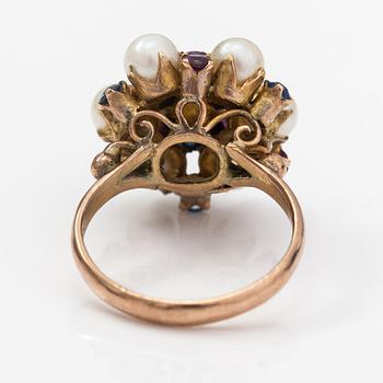 Ring, 9K guld, odlade pärlor, rubiner och safirer.