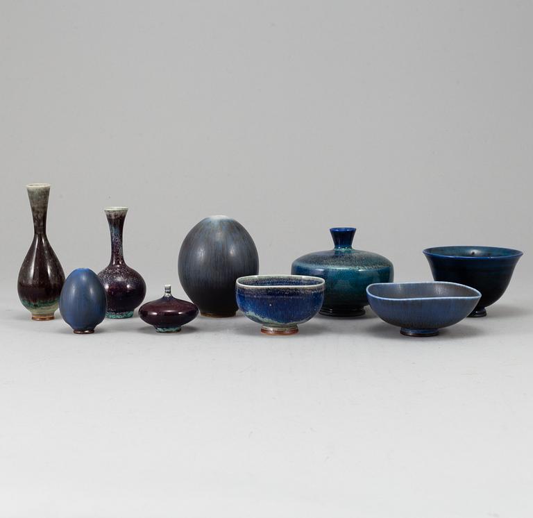 BERNDT FRIBERG, 9 miniature stoneware vases and bowls. Gustavsberg Studio.