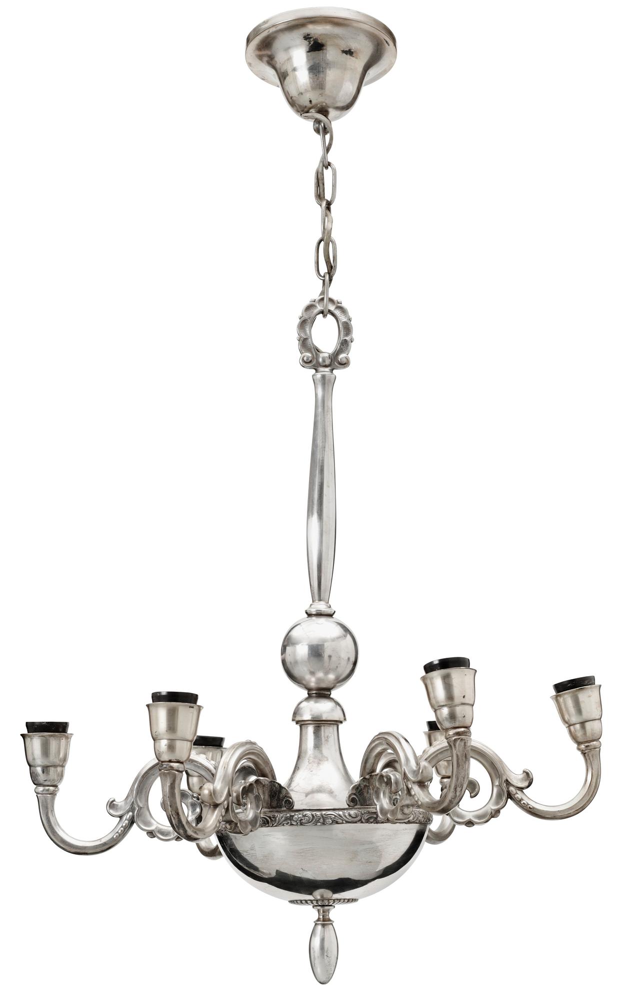 A C.G. Hallberg six light silver plated chandelier, Stockholm 1920's.
