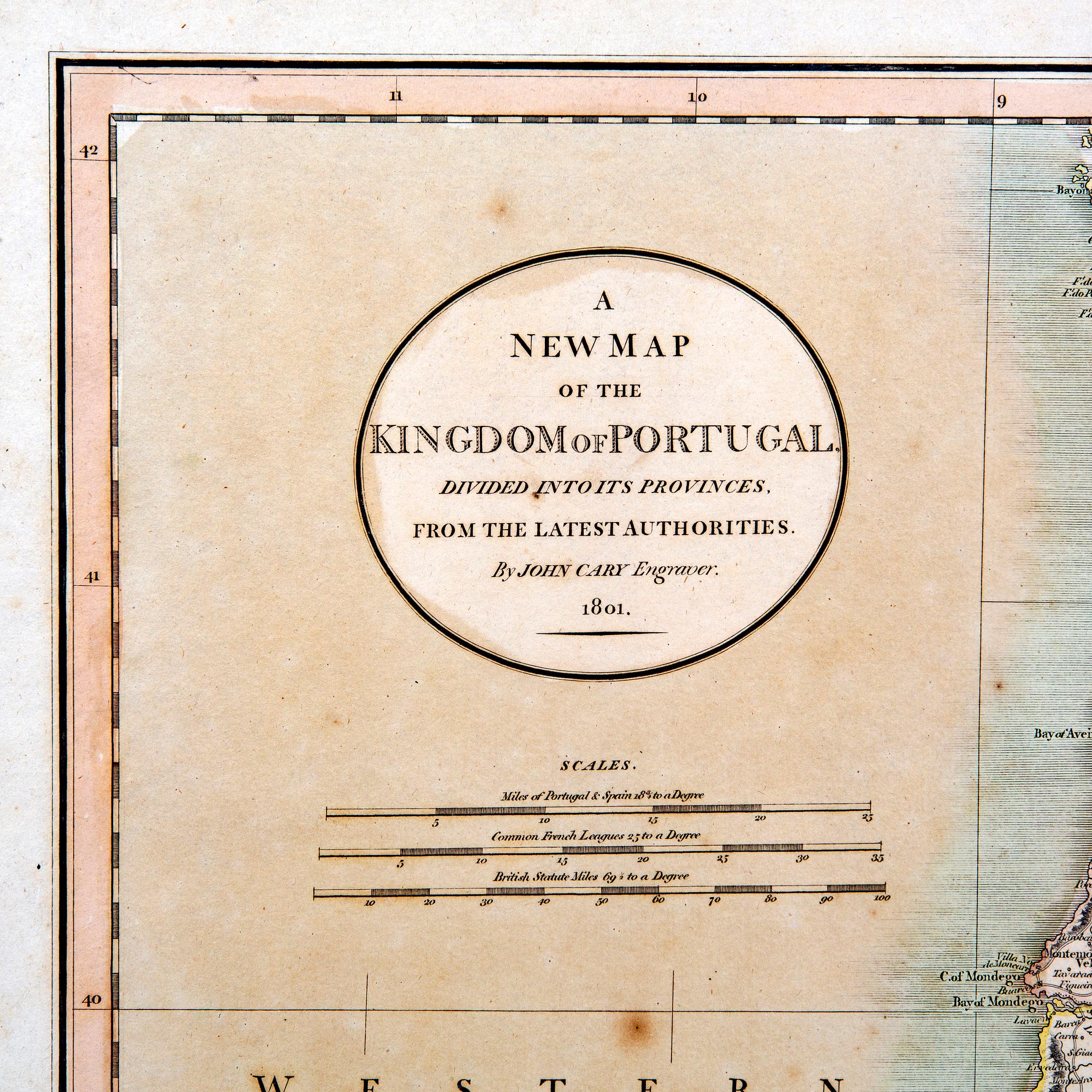John Cary, map of Portugal, hand colored copper engraving, London 1801.