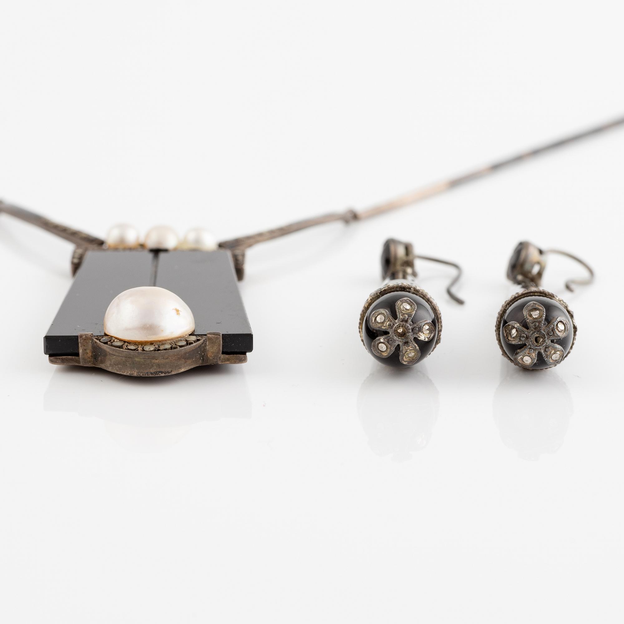 Necklace and a pair of earrings, silver, onyx, mother-of-pearl, and pyrite.