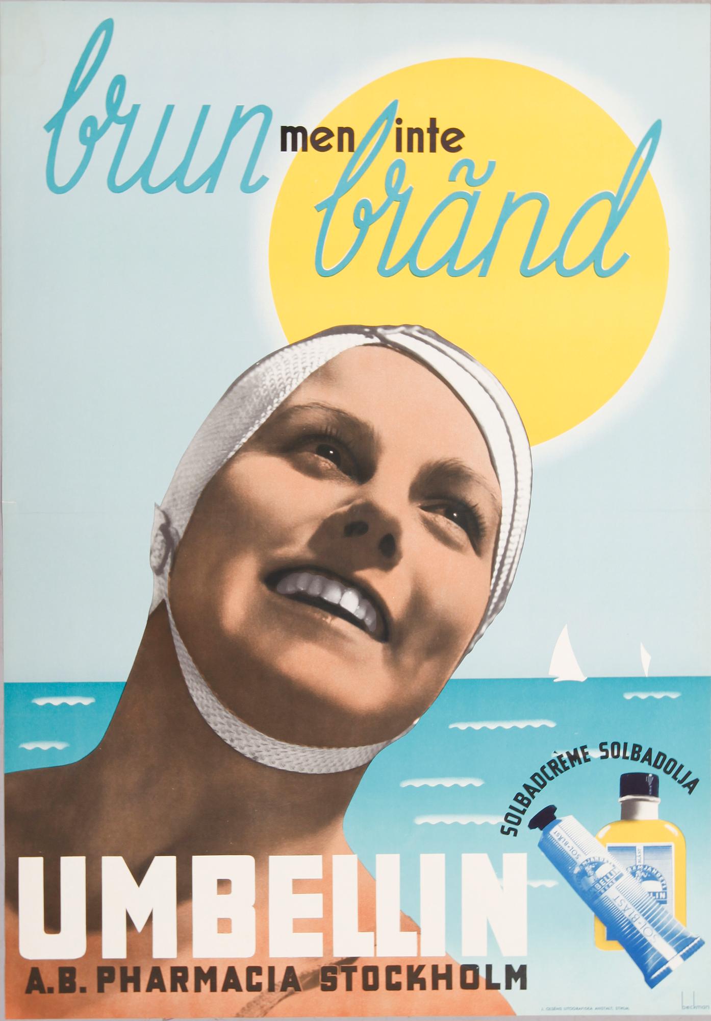 REKLAMAFFISCH, litografiskt tryck, "Brun men inte bränd", Beckman, 1950-talet.