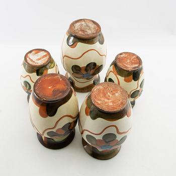 Andersson & Johansson vases 5 pcs Höganäs first half/mid 20th century glazed stoneware.