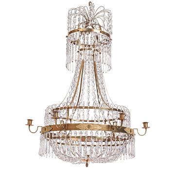 A late Gustavian gilt-brass and cut glass seven-light chandelier, circa 1800.