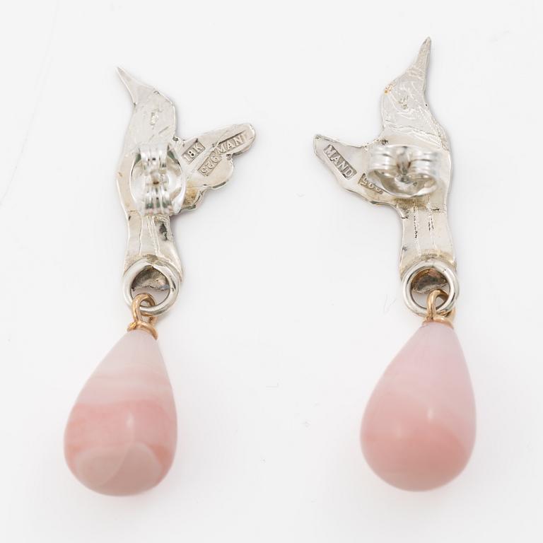 Mandelstam hummingbird earrings in silver and 18K gold, enamel and pink opal.