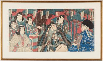 TOYOHARA KUNICHIKA (1835–1900) samt OIDENTIFIERAD KONSTNÄR, färgträsnitt, triptyker, två stycken. Japan, 1800-tal.