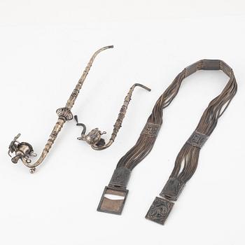 Belt and pipes 2 pcs, silver, unstamped, Southeast Asia.