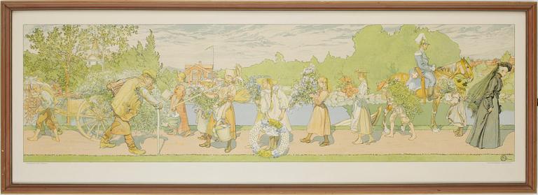 CARL LARSSON, litografi, "Ute blåser sommarvind", omkring 1900.