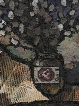 Oskar Rabin, Still life with fish, vodka bottle, banknote and newspaper.