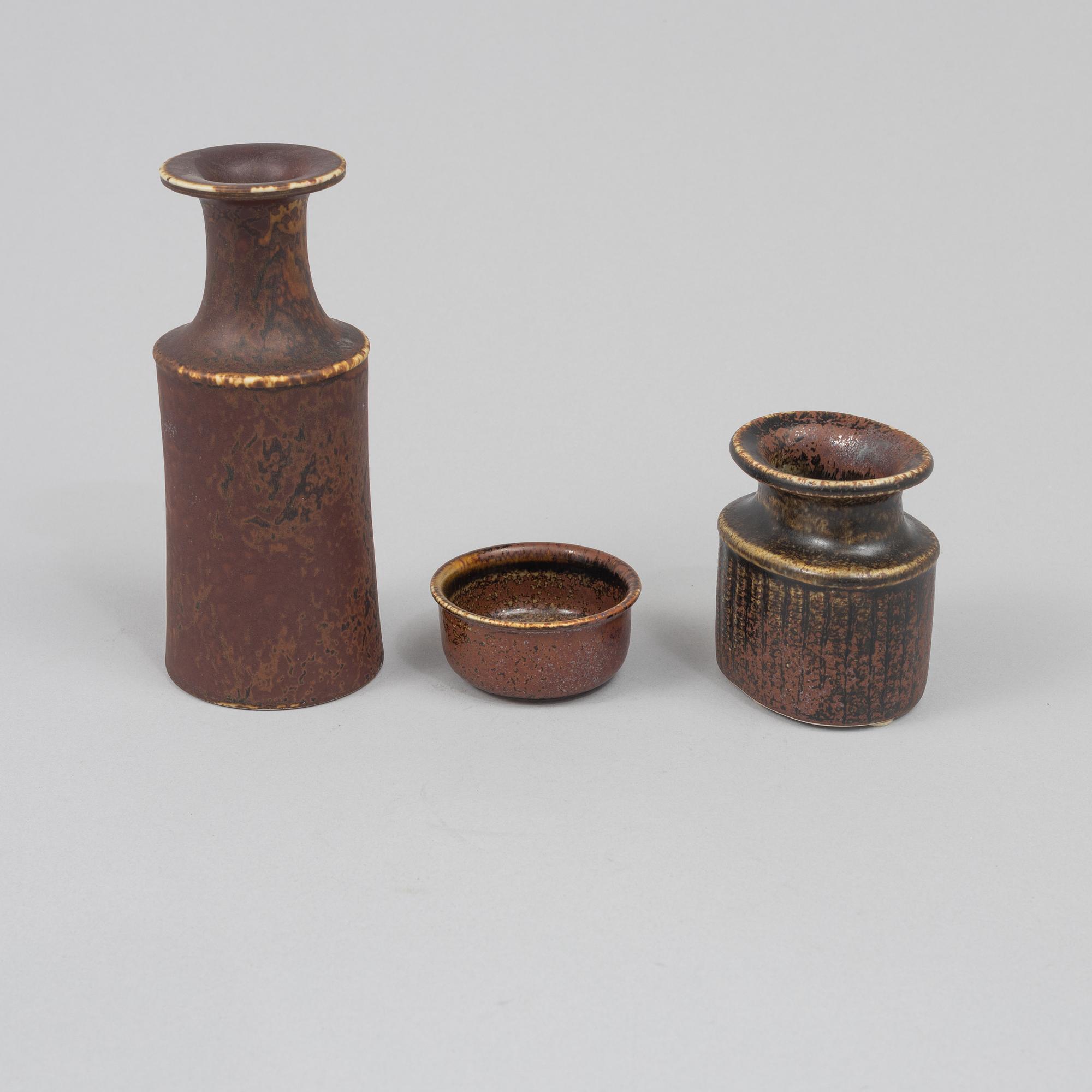 Stig Lindberg, two stoneware vases and a bowl, Gustavsbergs studio.