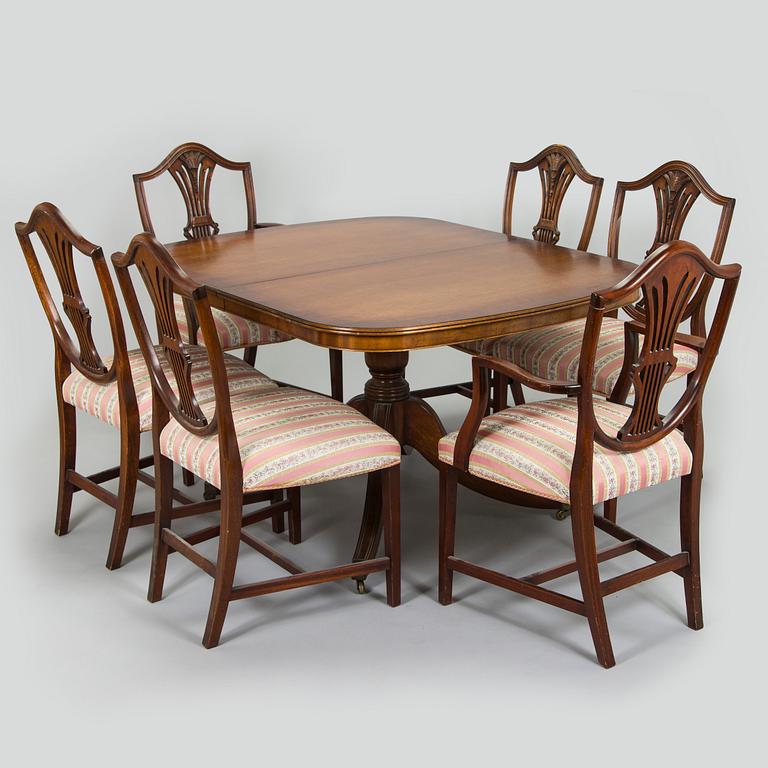 Matbord och stolar, 8 st, England 1970-tal.