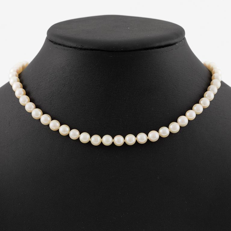 Necklace of cultured pearls with clasp in 18K gold set with white and red stones.