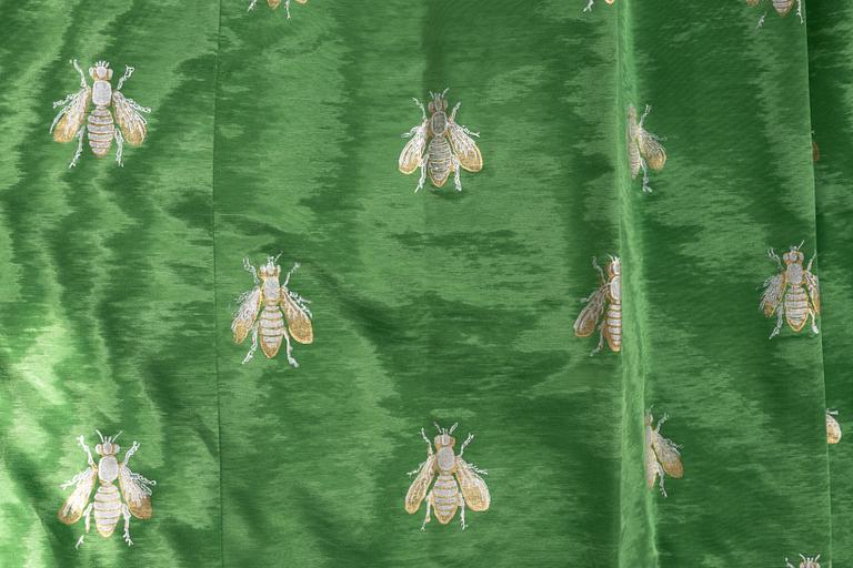 Curtain, patterned emerald green silk.