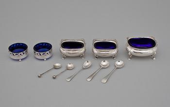 SALTKAR, 2 par samt 1 st, silver, bl.a. Mappin & Webb, Birmingham, 
England, 1900-talets början.