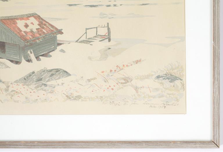 ROLAND SVENSSON, färglitografi. Signerad med dedikation feb 1953.