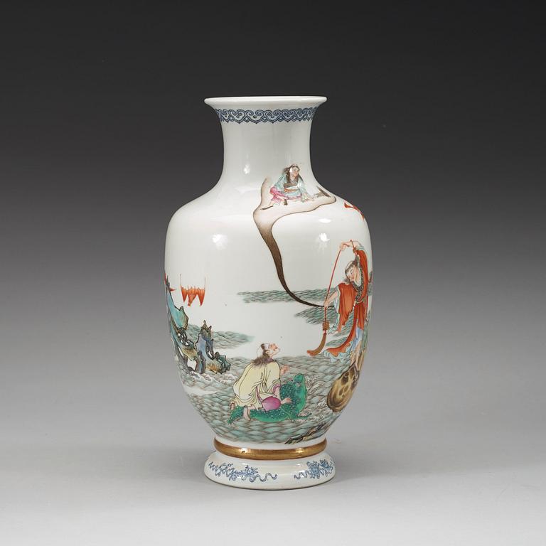 A famille rose vase decorated with four of the eight immortals (ba xian), Republic with Yongzheng four character mark.