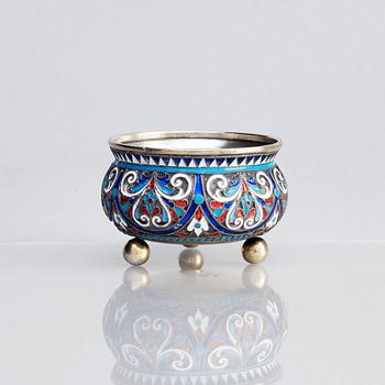 A Russian cloisonné enamel, silver salt cellar, mark of Nikolai Aleksejev, Moscow 1893.