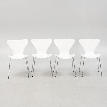 Arne Jacobsen, four 'Seven' chairs, Fritz Hansen, Denmark.