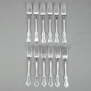 SMÖRGÅS/EFTERRÄTTSGAFFLAR, 12 st, silver, "Olga", GAB, 1950-70-tal. Tot ca 264 gram.