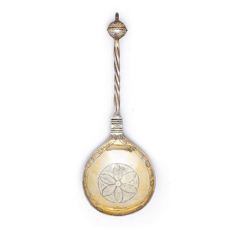 A Scandinavian late 17th/early 18th century parcel-gilt silver wedding-spoon, unmarked.