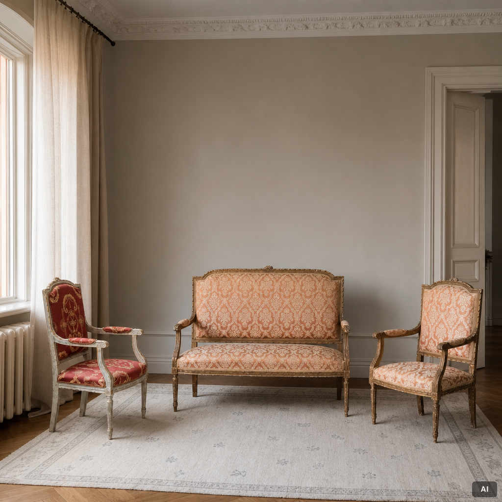 Karmstolar, ett par, samt soffa och stol, 1900-tal, Louis XVI-stil.