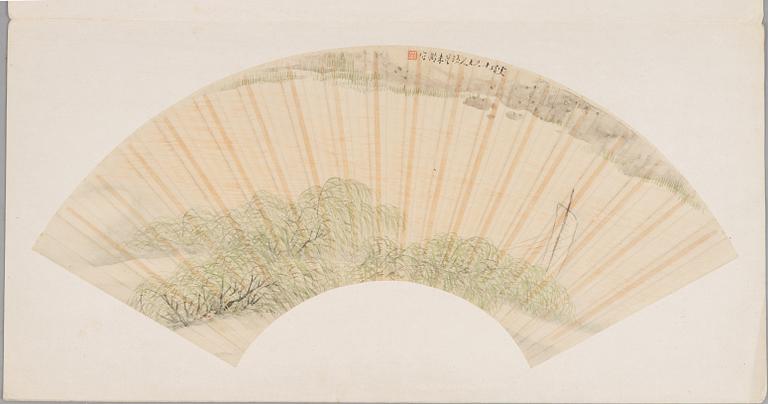 Oidentifierad konstnär, s.k. "Solfjädersmålning", Segel i flodlandskap, Kina, 1900-tal.