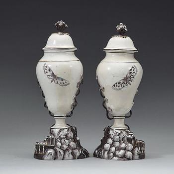 A pair of Swedish faience vases with covers, Marieberg, 18th Century.