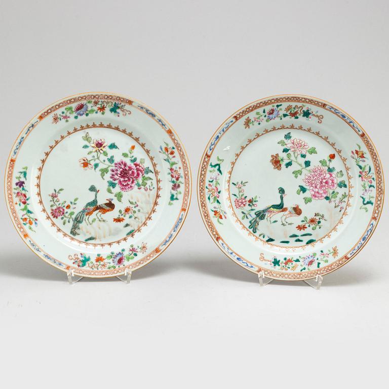 Three famille rose 'double peacock' plates, Qing dynasty, Qianlong (1736-95).