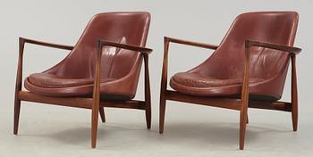 A pair of Ib Kofod Larsen palisander and brown leather 'Elisabeth' easy chairs, Christensen & Larsen, Denmark 1950-60's.