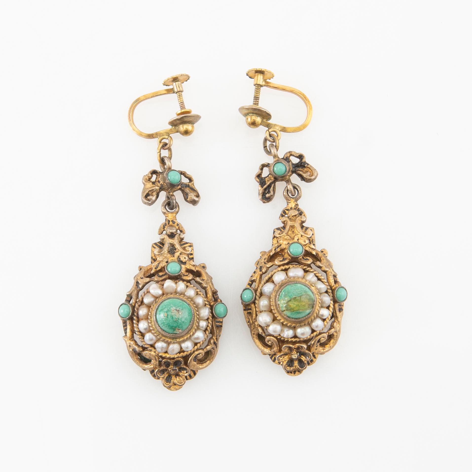 Earrings, a pair with enamel, turquoises, and cultured seed pearls, circa 1900.