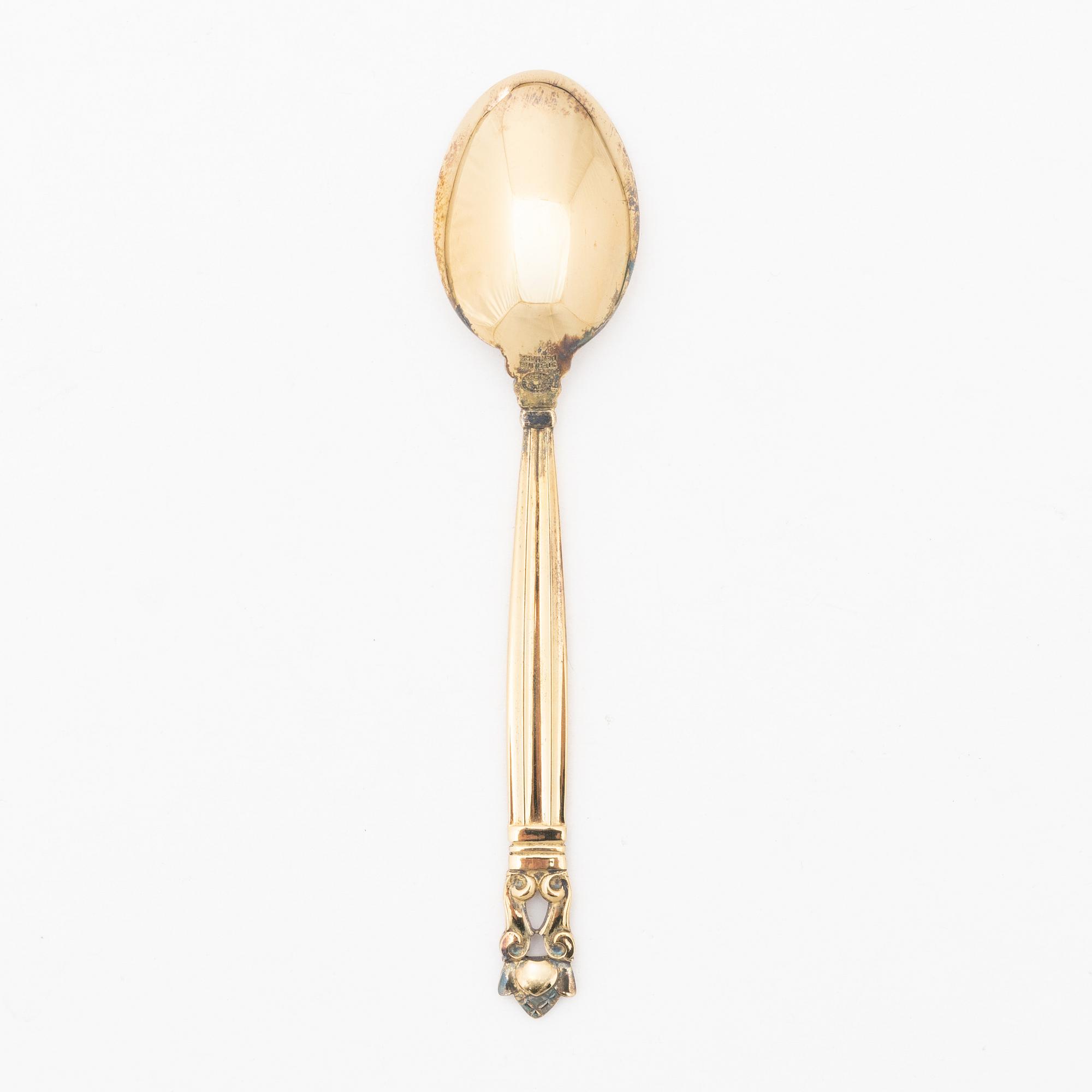 Johan Rohde, Six gilt sterling silver coffee spoons, 'Konge' / 'Acorn', Georg Jensen, Denmark.