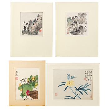 Four Chinese paintings and woodblock prints, ink and color on paper, 20th century.