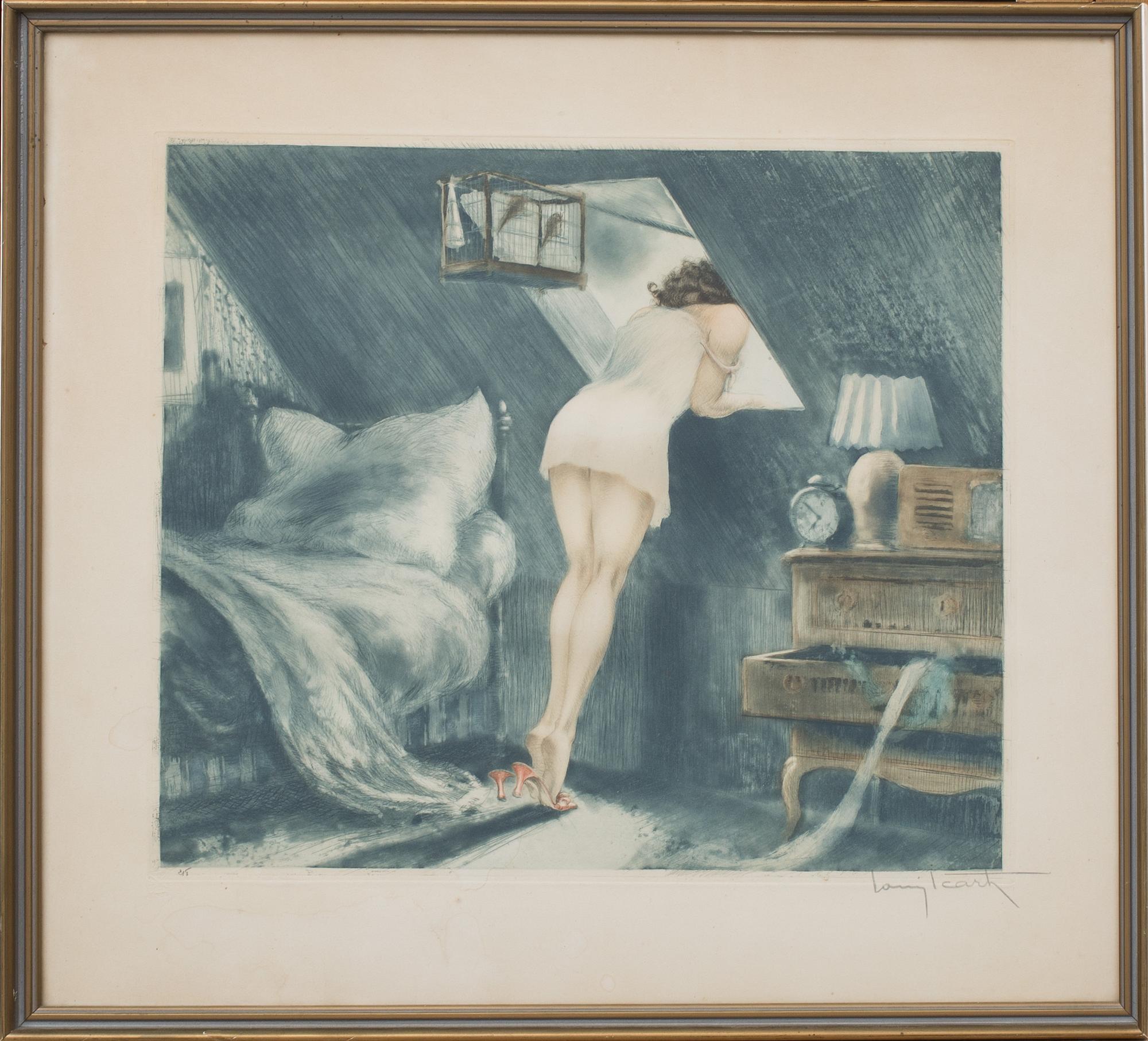 LOUIS ICART, etsning, signerad "Attic room" utförd 1940.