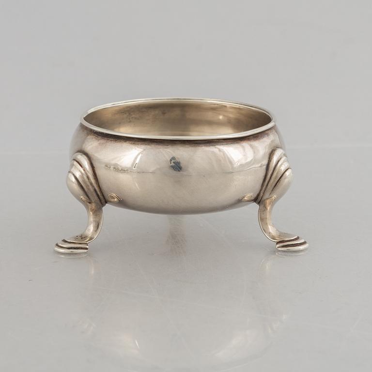 Five English silver salt cellars, circa mid 18th Century.