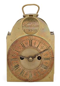 An English 18th century brass table clock by Robert Markham, London.